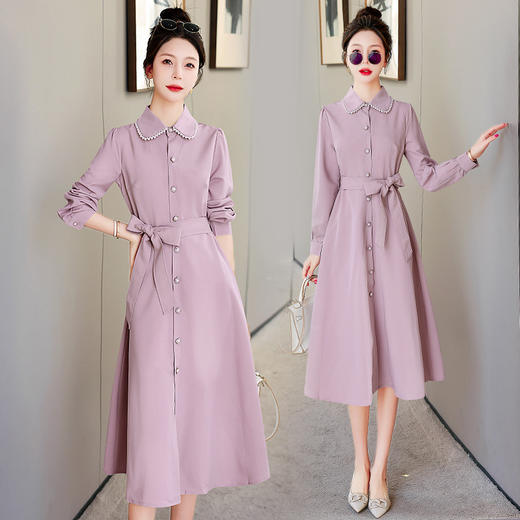 时尚潮流轻奢气质系腰带修身显瘦翻领钉珠连衣裙HR-HBLJRA203 商品图5