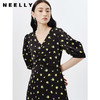 NEELLY纳俪商场同款V领碎花连衣裙女泡泡袖收腰A字裙不规则裙摆N23023Y01127 商品缩略图1