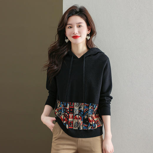 连帽针织卫衣，薄款复古印花毛衣宽松带帽打底衫洋气CC-477 商品图2