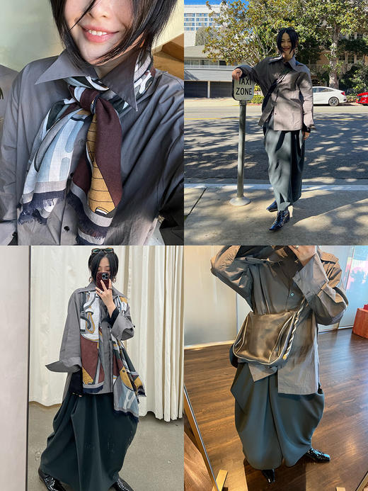 HIDEMI 极简剪刀领宽松廓形水洗棉衬衫 白色/灰雾绿 商品图1