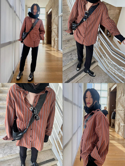 HIDEMI 砖红色色织条纹极简廓形剪刀领衬衫 商品图1