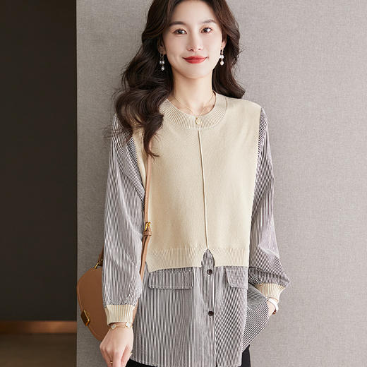 早春新款，假两件针织上衣女设计感洋气衬衫中长款宽松打底衫薄CC-66-5081 商品图7