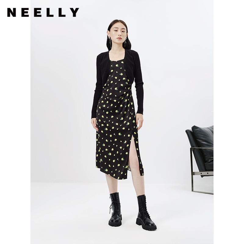NEELLY纳俪商场同款春季新款针织衫女黑色显瘦短款开衫防晒上衣N23023A01115