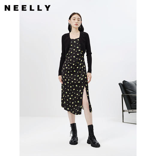 NEELLY纳俪商场同款春季新款针织衫女黑色显瘦短款开衫防晒上衣N23023A01115 商品图0