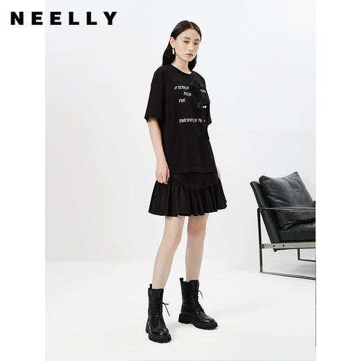 NEELLY纳俪商场同款设计感小众黑色T恤女字母印花纯棉短袖上衣 商品图2