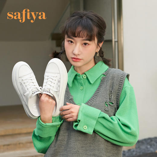 Safiya/索菲娅 新潮棋盘格2023年春季新款松糕厚底休闲半拖小白鞋 SF31110046 商品图0