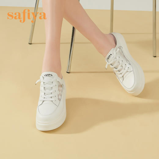 Safiya/索菲娅 新潮棋盘格2023年春季新款松糕厚底休闲半拖小白鞋 SF31110046 商品图2