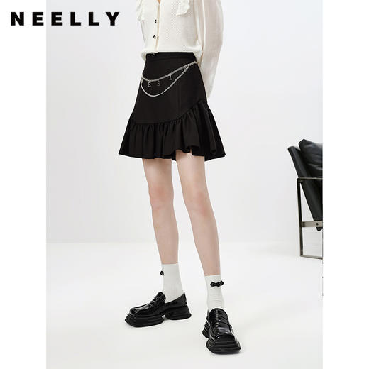 NEELLY纳俪商场同款黑色半身裙女春夏新款拉链挂饰A字裙蓬蓬短裙N23023E01133 商品图1