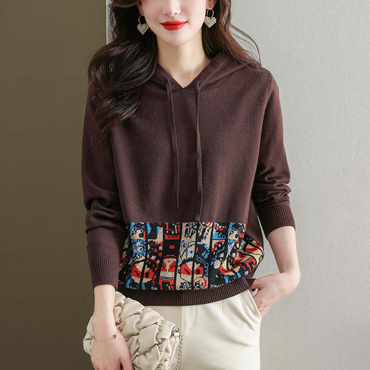连帽针织卫衣，薄款复古印花毛衣宽松带帽打底衫洋气CC-477 商品图5