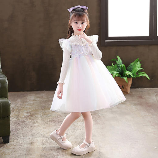 XWNZ2025 女童针织公主裙秋冬爱莎连衣裙渐变甜美亮片裙拼接长袖蓬蓬裙 商品图2