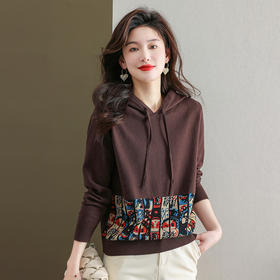 连帽针织卫衣，薄款复古印花毛衣宽松带帽打底衫洋气CC-477