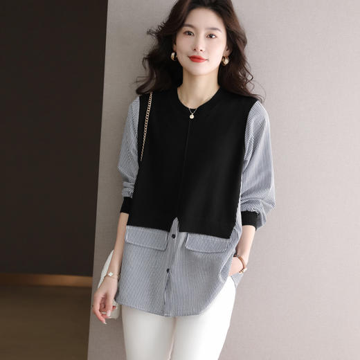 早春新款，假两件针织上衣女设计感洋气衬衫中长款宽松打底衫薄CC-66-5081 商品图5