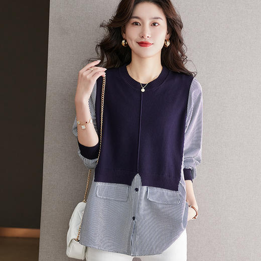 早春新款，假两件针织上衣女设计感洋气衬衫中长款宽松打底衫薄CC-66-5081 商品图1