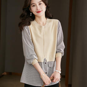 早春新款，假两件针织上衣女设计感洋气衬衫中长款宽松打底衫薄CC-66-5081