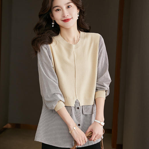 早春新款，假两件针织上衣女设计感洋气衬衫中长款宽松打底衫薄CC-66-5081 商品图0