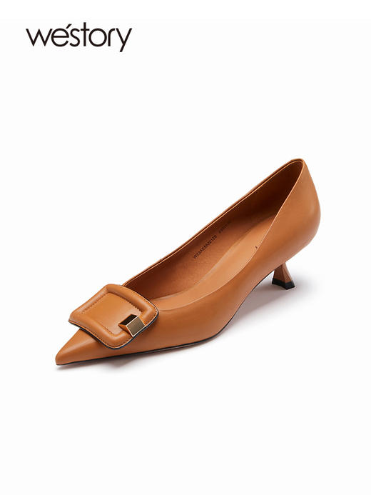westory23年春复古尖头水钻扣单鞋女休闲通勤名媛风小猫跟55201 商品图1