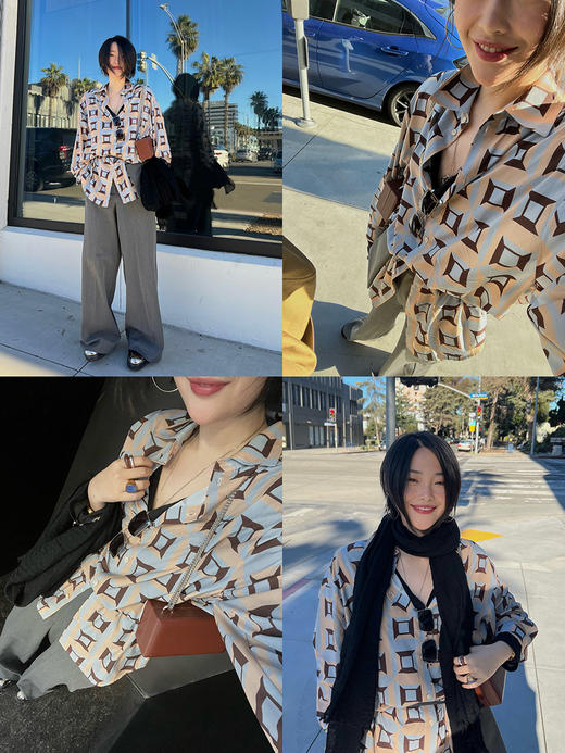 HIDEMI “我们做印花”经典几何设计感廓形印花缎面衬衫 米绿/黄蓝 商品图1