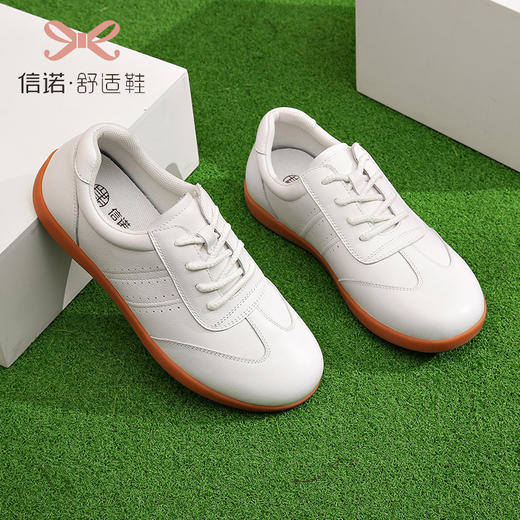 信诺头层牛皮软底舒适白色皮鞋2023春季新款散步运动鞋中年妈妈鞋23C1655-6 商品图0