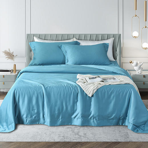 雅芳婷60S零碳摩登丝棉系列简约透气蓝色纯色床品被袋床笠四件套连芯扣家纺MC3933 商品图5