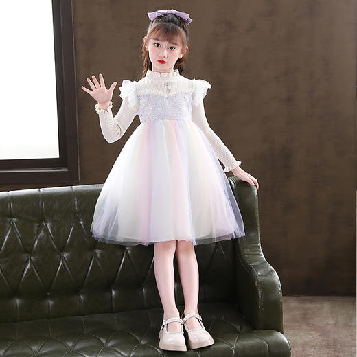 XWNZ2025 女童针织公主裙秋冬爱莎连衣裙渐变甜美亮片裙拼接长袖蓬蓬裙 商品图1