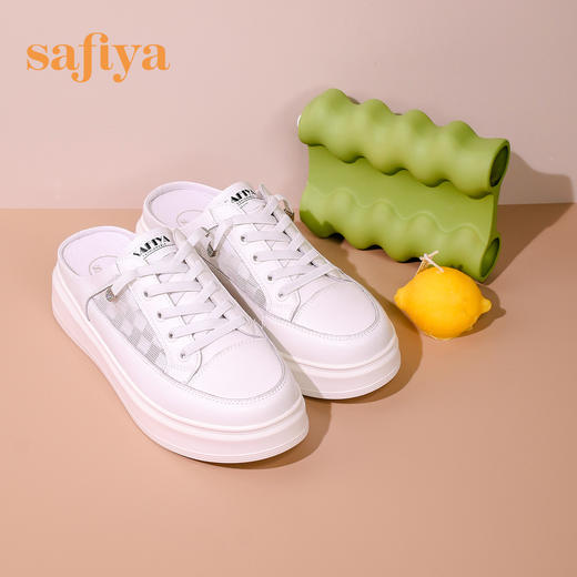 Safiya/索菲娅 新潮棋盘格2023年春季新款松糕厚底休闲半拖小白鞋 SF31110046 商品图6