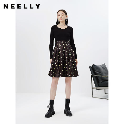 NEELLY纳俪商场同款春季新款针织拼接连衣裙女韩版碎花A字中长款N23023Y01128 商品图1