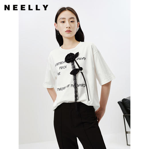 NEELLY纳俪商场同款设计感小众黑色T恤女字母印花纯棉短袖上衣 商品图0