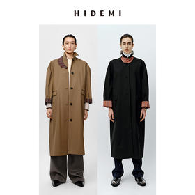HIDEMI 廓形条纹翻边复古长款精纺羊毛风衣