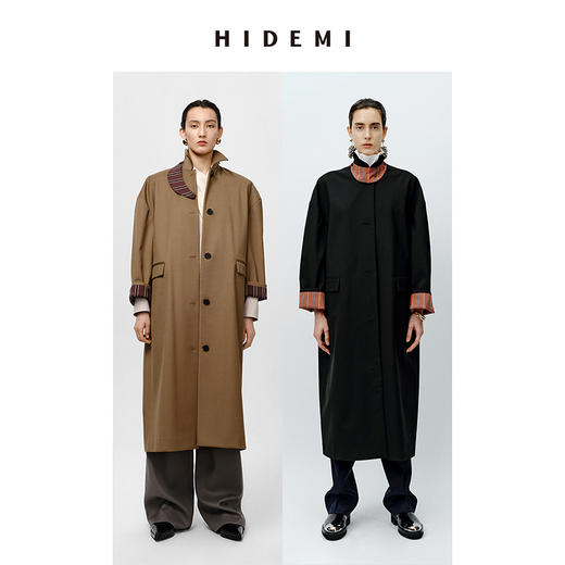 HIDEMI 廓形条纹翻边复古长款精纺羊毛风衣 商品图0