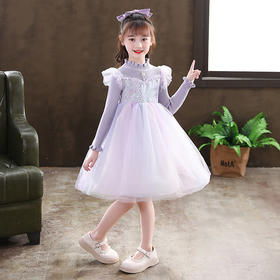 XWNZ2025 女童针织公主裙秋冬爱莎连衣裙渐变甜美亮片裙拼接长袖蓬蓬裙