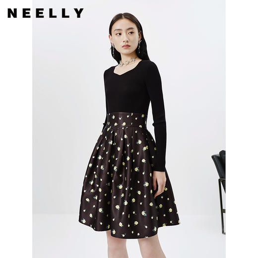 NEELLY纳俪商场同款春季新款针织拼接连衣裙女韩版碎花A字中长款N23023Y01128 商品图2