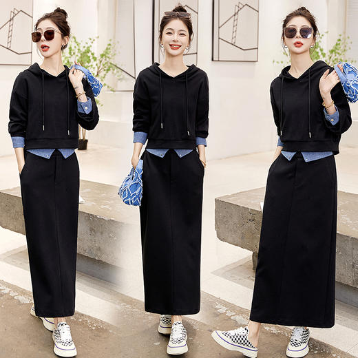 新款春装，牛仔拼接连帽卫衣两件套套装HR-CPYY2307-1 商品图3