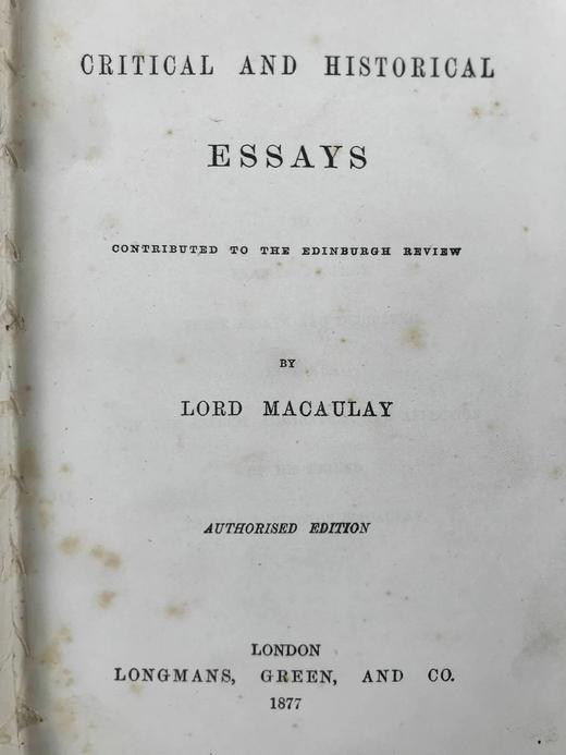 1877年 麦考莱勋爵《评论与历史随笔集》 真皮精装32开 商品图2