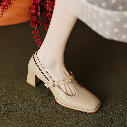法式T字扣小皮鞋，方头粗跟高跟WC-M7142 商品图3