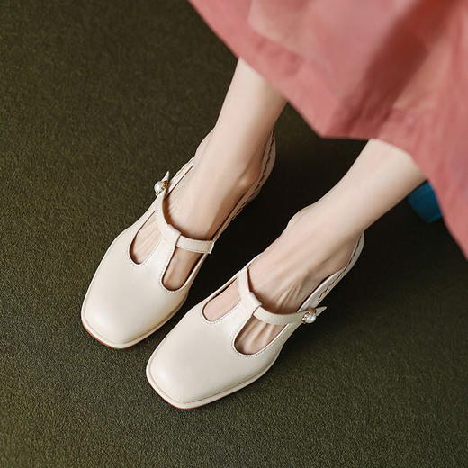 法式T字扣小皮鞋，方头粗跟高跟WC-M7142 商品图1