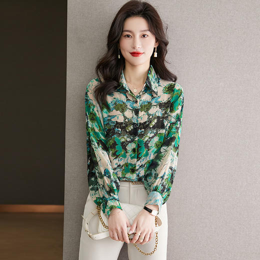 春秋新款，碎花衬衫女长袖雪纺黑色显瘦气质衬衣薄款复古上衣CC-YX5610 商品图0