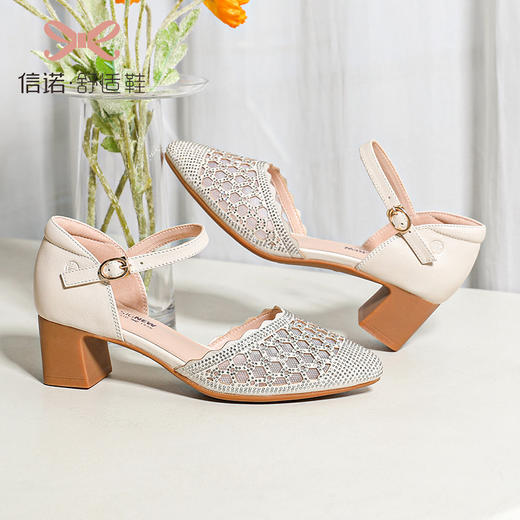 信诺网纱包头凉鞋2023新款夏季高跟鞋洋气女时尚女士中跟舒适女鞋23C3113-12 商品图3