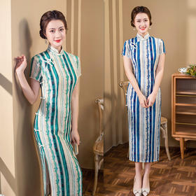 SYK786180 竖条纹长款旗袍2023春夏新款改良显瘦女士日常旗袍裙