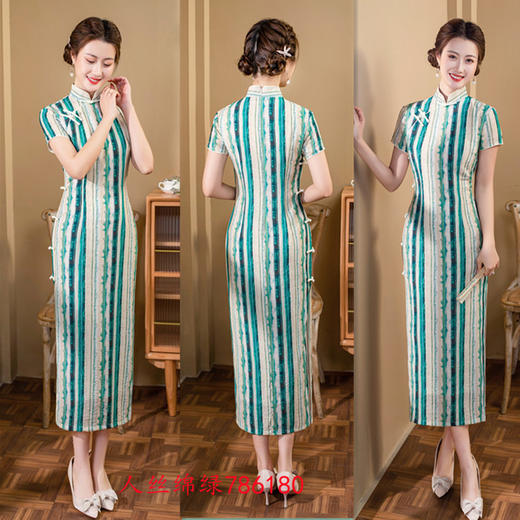 SYK786180 竖条纹长款旗袍2023春夏新款改良显瘦女士日常旗袍裙 商品图1