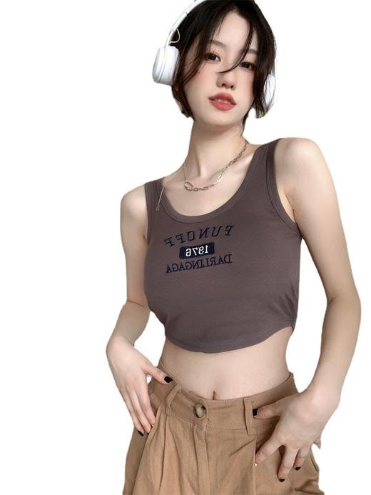 黛唯梵2023新款刺绣带胸垫运动背心女外穿修身打底短款吊带辣妹百搭上衣夏 商品图5