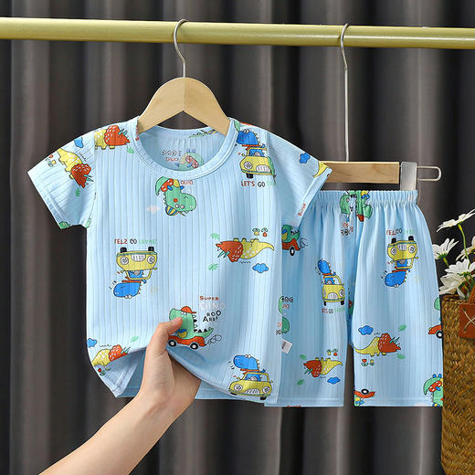 【舒适轻薄提花短袖套装】婴幼儿夏季套装男女宝宝短袖短裤套装儿童薄款空调家居服 商品图0