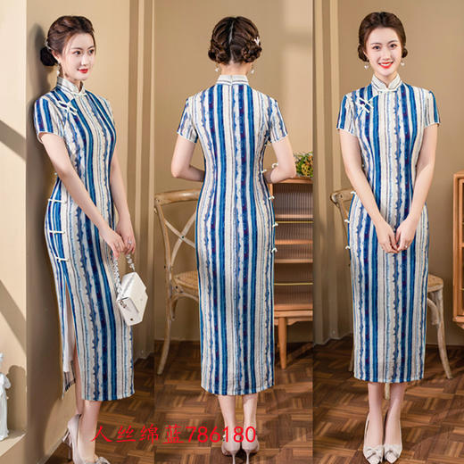 SYK786180 竖条纹长款旗袍2023春夏新款改良显瘦女士日常旗袍裙 商品图2