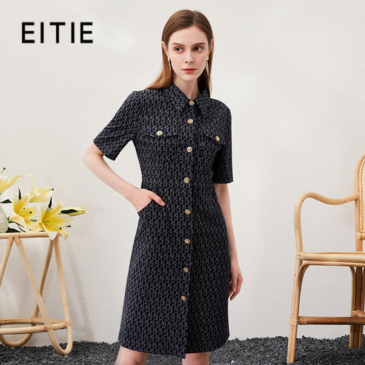 EITIE爱特爱夏新款高级感翻领单排扣衬衫修身显瘦通勤连衣裙B2307124 商品图0