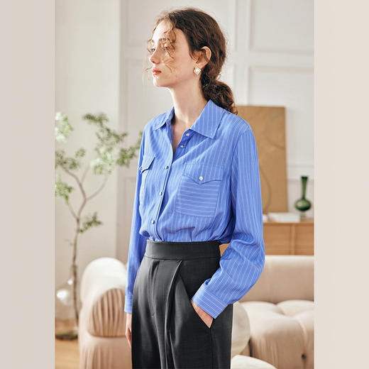 OLrain欧芮儿法式蓝色条纹衬衫女春季2023年新款宽松洋气长袖衬衣 商品图3