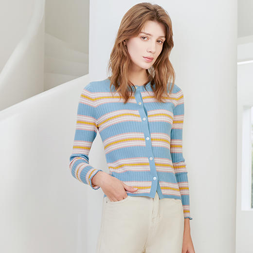 【彩色条纹针织开衫】23年春夏新品女士羊毛抽条修身针织保暖小外套 商品图2