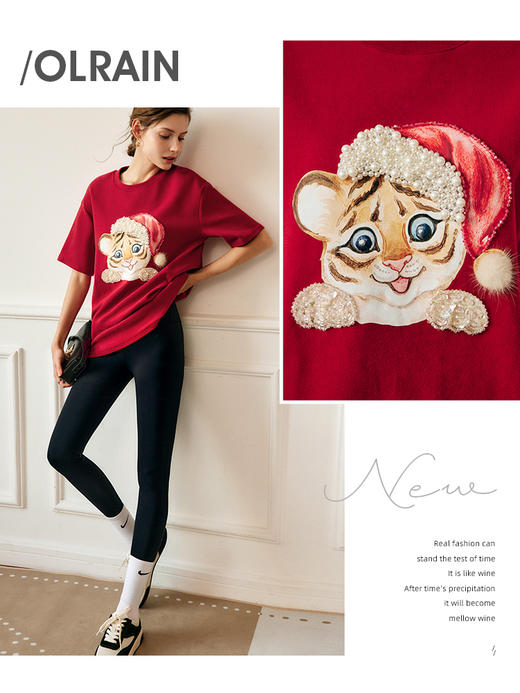 OLrain法式虎头T恤女夏季2022年新款宽松减龄设计感重工圆领上衣 商品图2