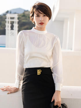 米白色雪纺衬衫女2022秋装新款简约设计感通勤职业圆领上衣