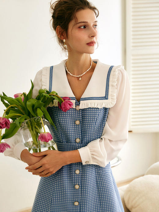 欧芮儿海军领连衣裙女秋季2022年新款收腰时尚法式撞色假两件裙子 商品图0