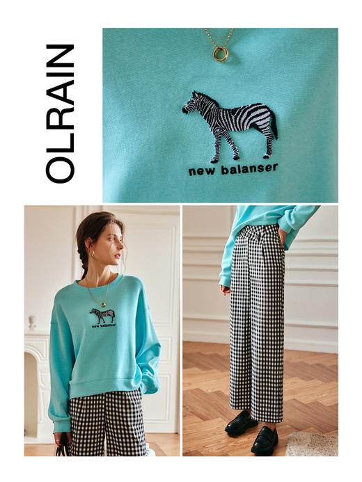 欧芮儿蓝色套头卫衣女秋季2022年新款宽松显瘦慵懒风时尚针织上衣 商品图1