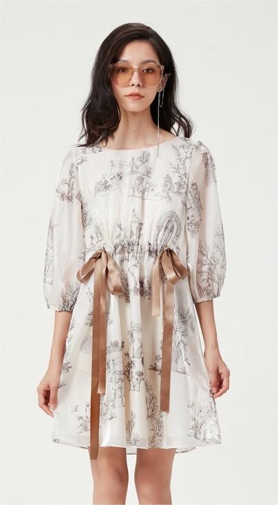 香槟色幻境中式花园印花水晶纱泡袖连衣裙 商品图2